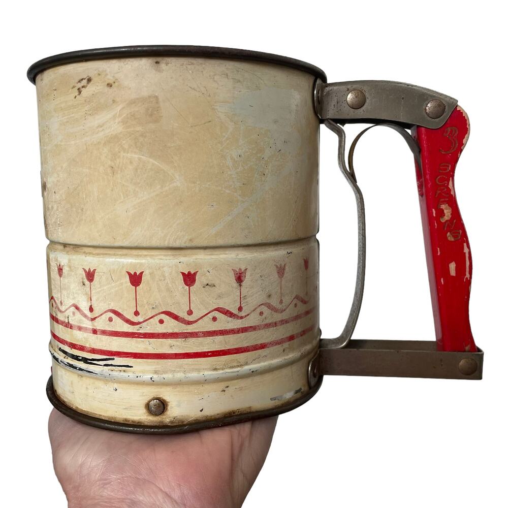 Vintage Flour Sifter Red Tulips Androck Handisift Mid Century Kitchen USA READ